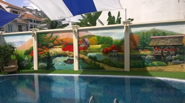 Vẽ trang trí tường hồ bơi gia đình